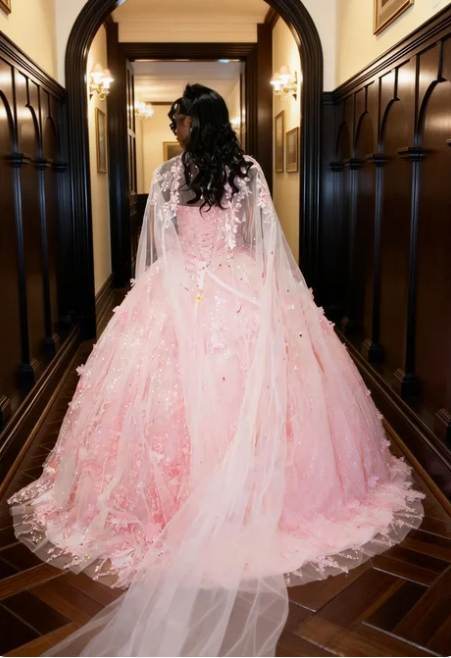 Princess Pink Heart Neck 3D Floral Tulle Prom Dress Sweet 16 Birthday Dress - View 2 | FashionDia