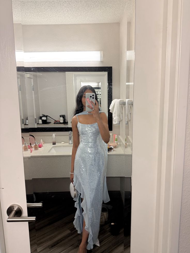 Shimmering Light Blue Irregular Strap Square Neck Slit Sequin Party Dress Bridesmaid Dress