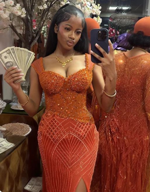 Gorgeous Orange Mermaid Beaded High Slit Tulle Long Prom Dress Evening Dress