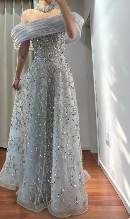 Elegant Light Grey A-Line Beaded Tulle Long Prom Dress Evening Dress