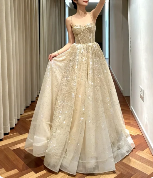 Shiny Champagne Gold Spaghetti Strap A-Line Sequin Tulle Long Prom Dress Evening Dress