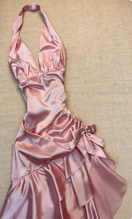Sweet Pink Halter V-Neck Bow Ruffle Satin Prom Prom Birthday Dress - FashionDia