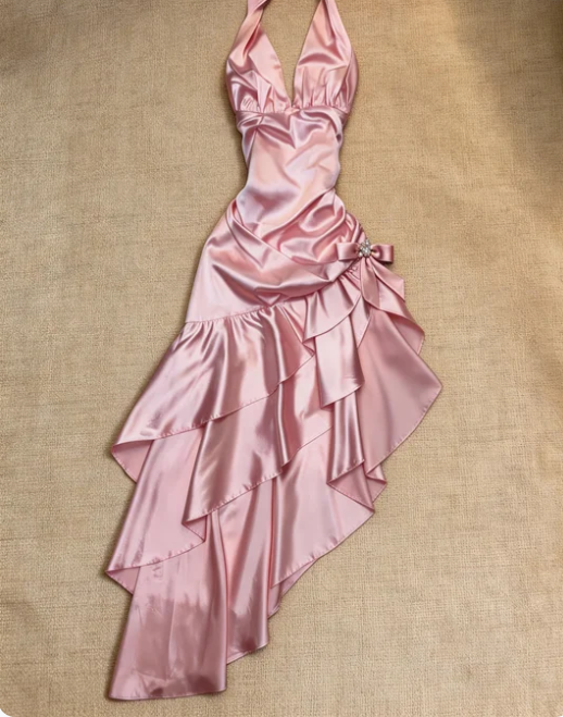 Sweet Pink Halter V-Neck Bow Ruffle Satin Prom Prom Birthday Dress - View 2 | FashionDia