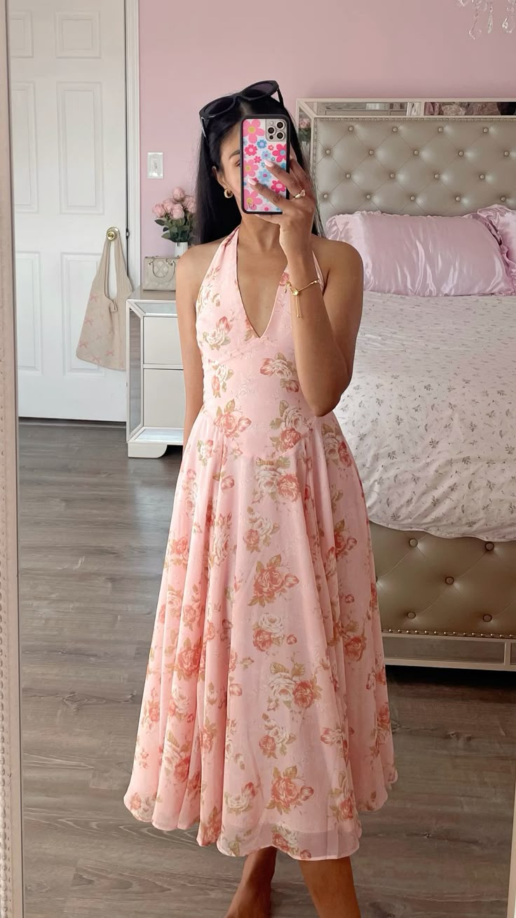 Sweet Pink Printed A-line Off-shoulder Neck Chiffon Long Prom Dress Evening Dress