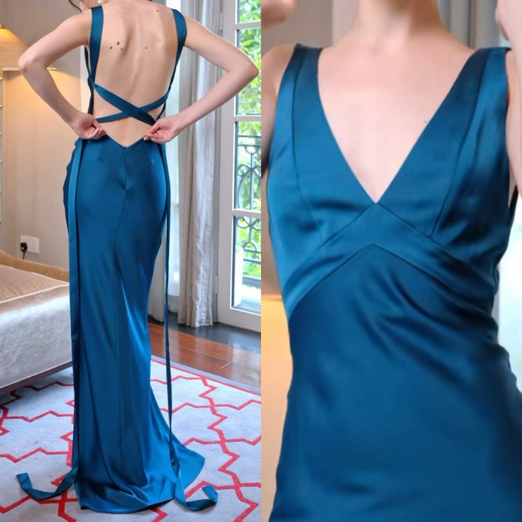 Elegant Lake Blue V-Neck Cross Lace-up Backless Mermaid Satin Long Prom & Evening Dress - FashionDia