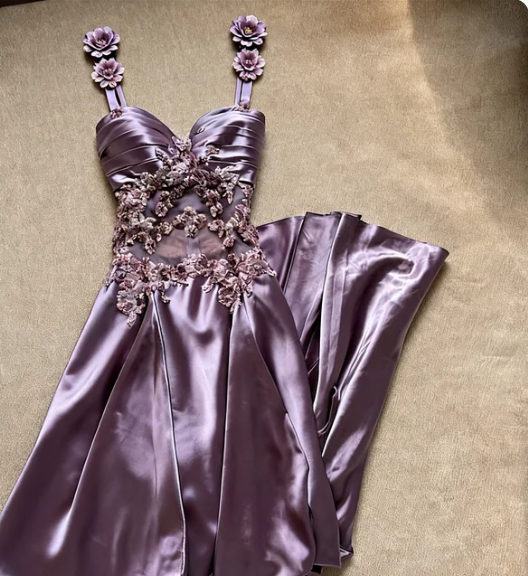 Dreamy Purple Spaghetti Strap 3D Floral Lace Satin Long Prom Dress Evening Dress