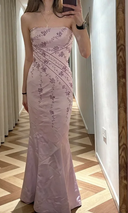 Sweet Light Pink Strapless Embroidered Satin Mermaid Long Prom & Evening Dress - FashionDia
