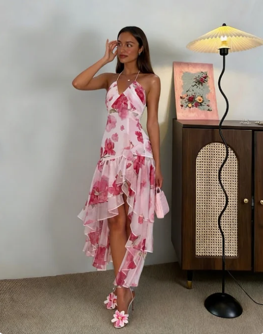 Beautiful Pink Print Irregular Layered Ruffle Chiffon Prom Dress - FashionDia