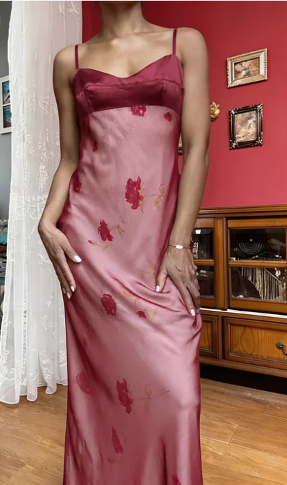 Vintage Burgundy Spaghetti Strap Rose Print Satin Long Prom Dress Evening Dress