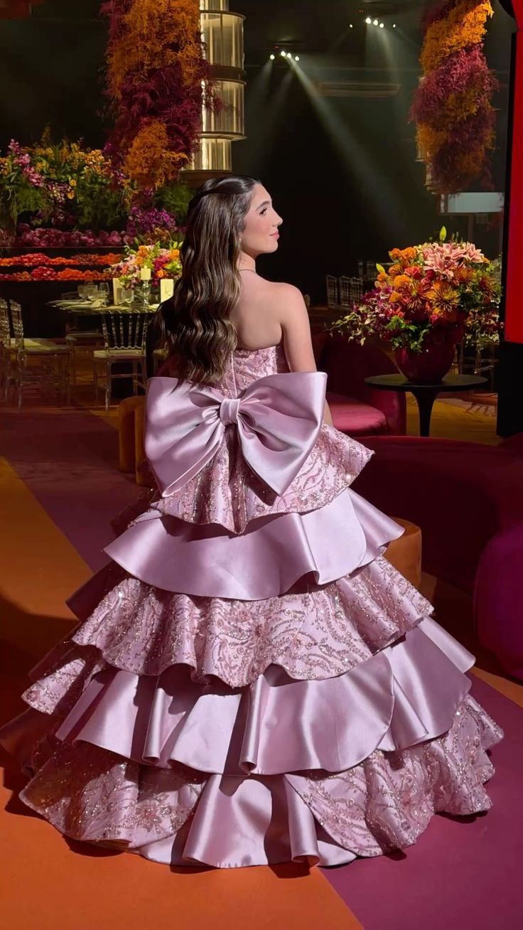 Sweet Pink & Purple Strapless Double Bow Layered Satin Ball Gown Sweet 16 Dress