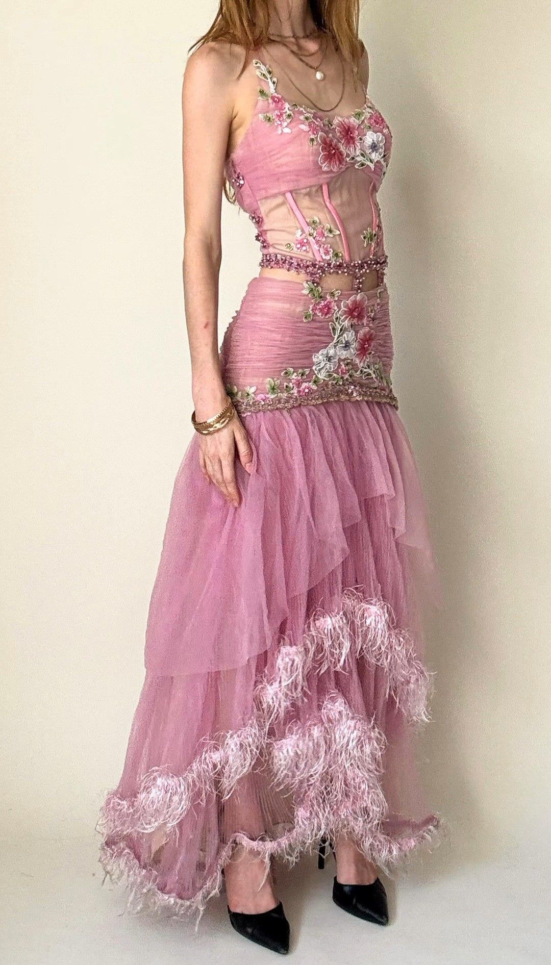 Vintage Pink A-line Embroidered Feather Tulle Long Prom Dress Evening Dress