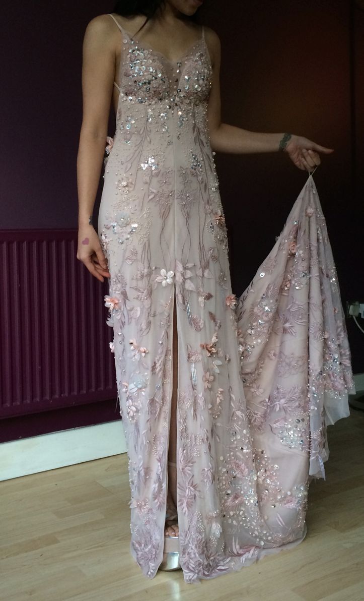 Beautiful Pink Spaghetti Strap 3D Floral Beaded High Slit Train Tulle Prom & Evening Dress - FashionDia