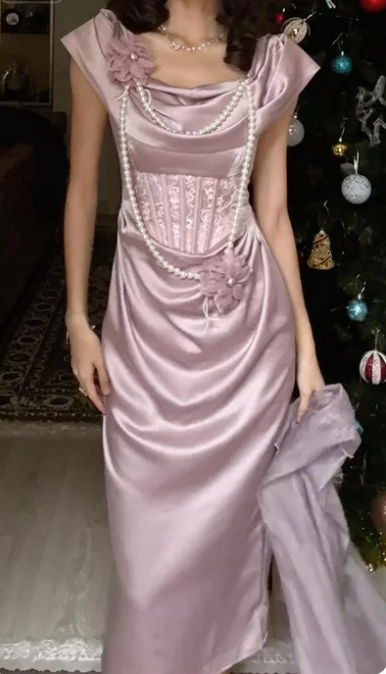 Vintage Dusty Pink Lace Boned Cowl Neck Pearl Flower Satin Long Prom & Evening Dress - FashionDia