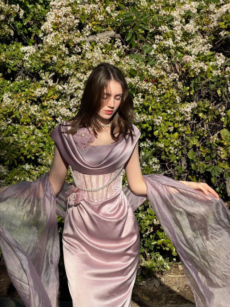 Vintage Dusty Pink Lace Boned Cowl Neck Pearl Flower Satin Long Prom & Evening Dress - View 2 | FashionDia