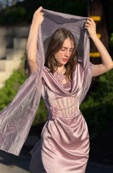Vintage Dusty Pink Lace Boned Cowl Neck Pearl Flower Satin Long Prom & Evening Dress - View 3 | FashionDia