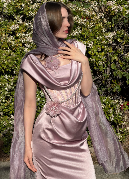 Vintage Dusty Pink Lace Boned Cowl Neck Pearl Flower Satin Long Prom & Evening Dress - View 5 | FashionDia