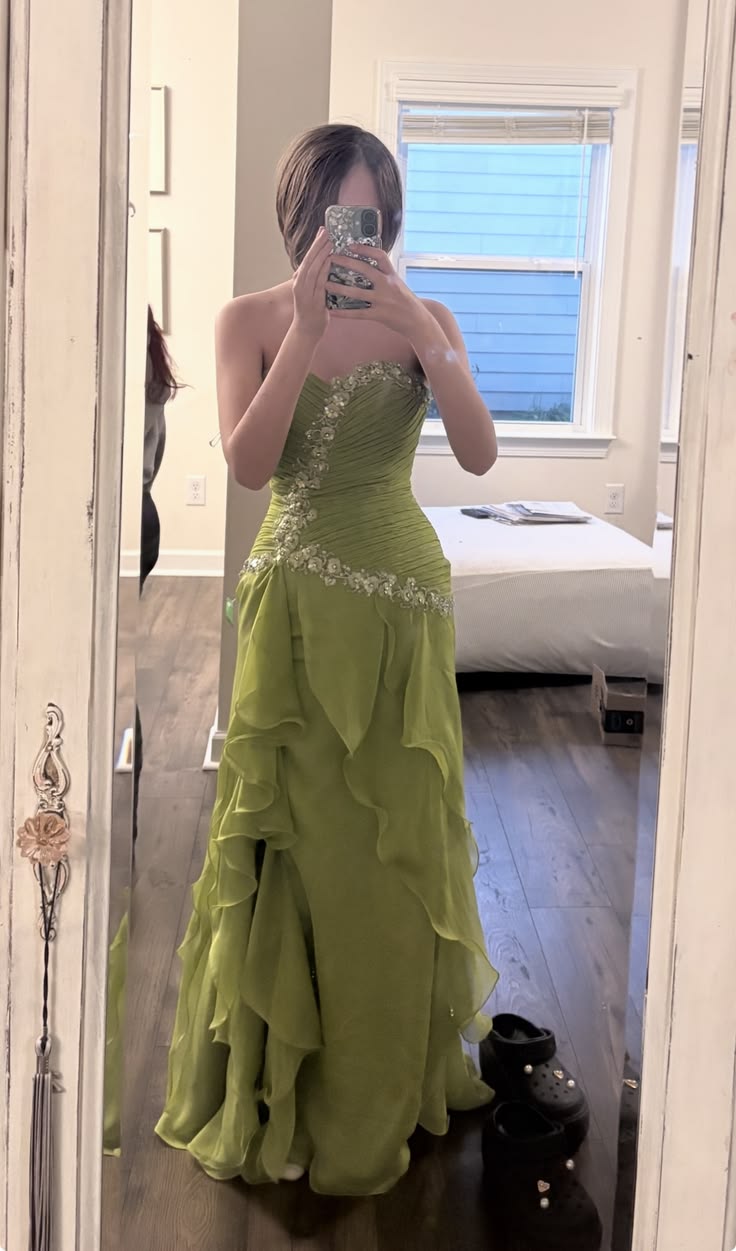 Elegant Lime Green Strapless Irregular Ruffle Chiffon Long Prom & Evening Dress - FashionDia