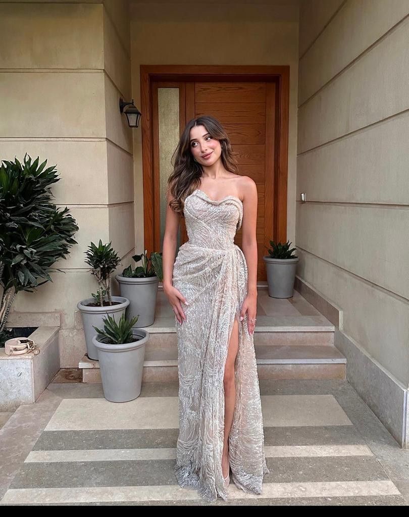 Elegant Strapless High Slit Sequin Long Prom Dress Evening Dress Bridesmaids Dress