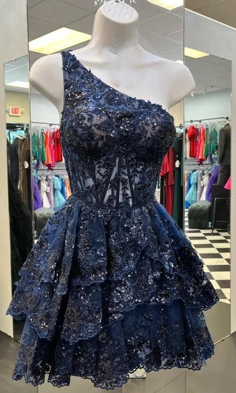 Elegant Navy Blue One-shoulder Sequined Lace Multi-layered A-line Skirt 16th Birthday Homecoming Dress