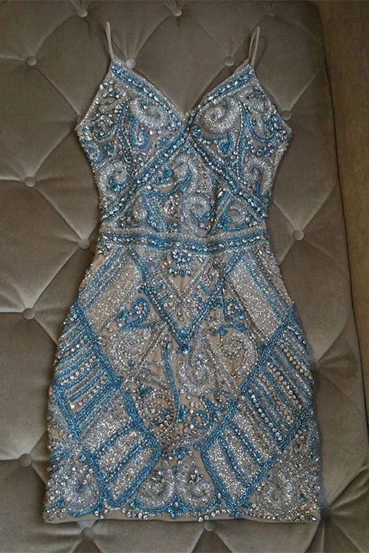 Retro Gorgeous Silver Blue Deep V Strap Beaded Embroidery Short Birthday Party Homecoming Dress