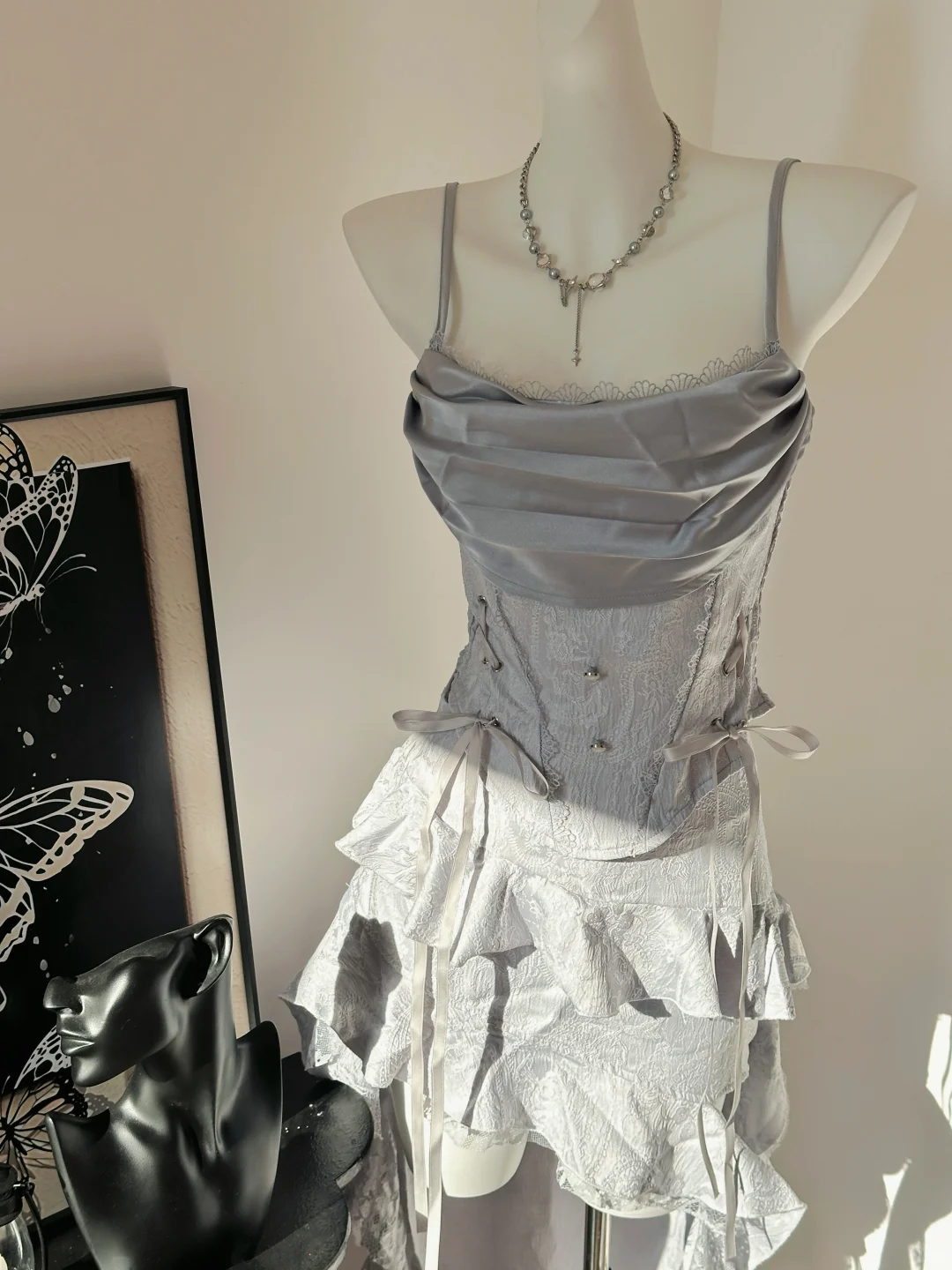 Cute Spaghetti Straps Satin Lace Ruffles A Line Homecoming Dress Formal Birthday Outfits