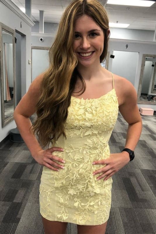 Sweet Light Yellow Suspender Square Neck Three-dimensional Lace Floral Slim Short Birthday Dress Homecoming Dress - View 3 | FashionDia