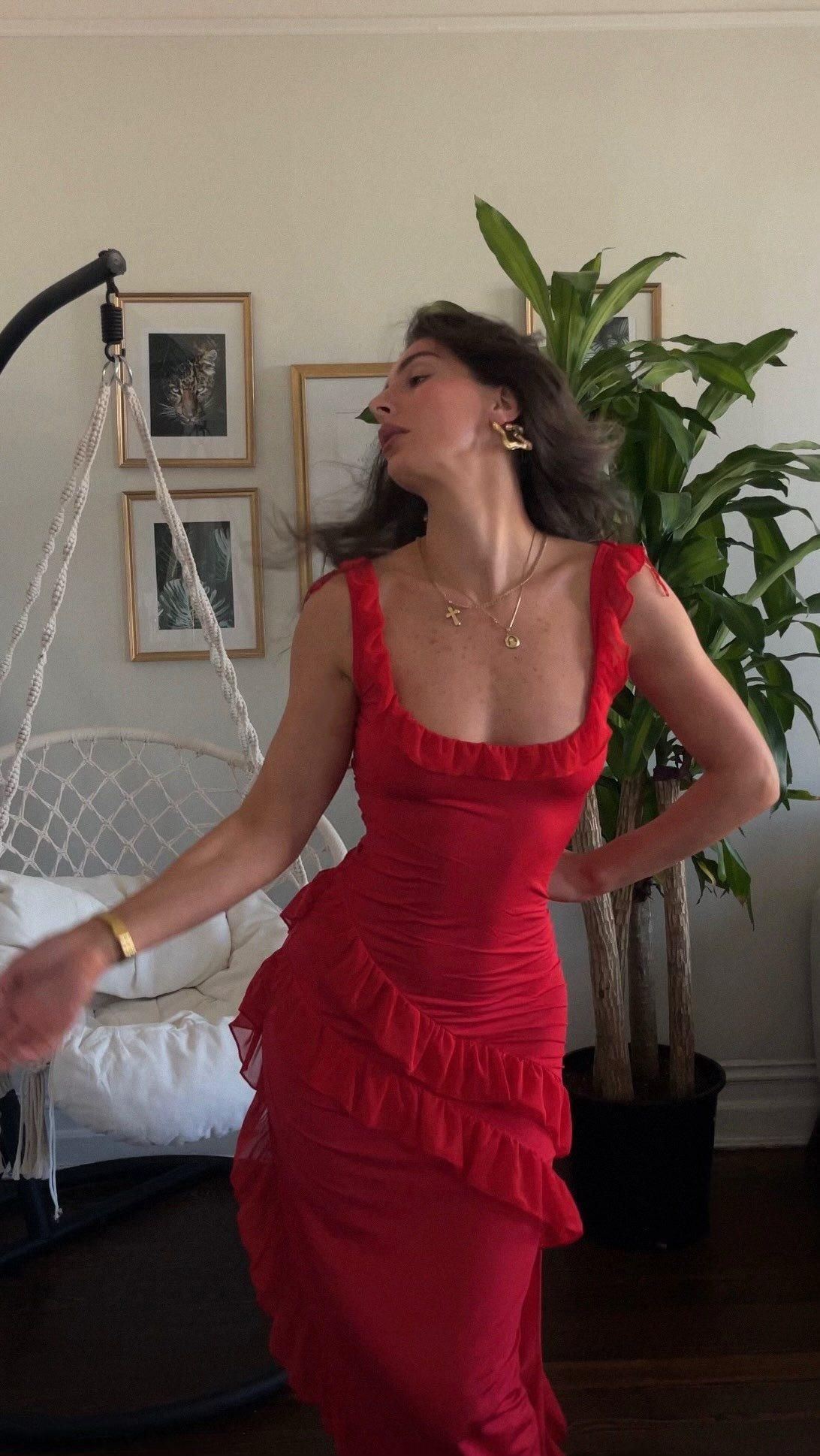 Vintage Red Slim Square Neck Ruffled Chiffon Long Prom Dress Evening Dress