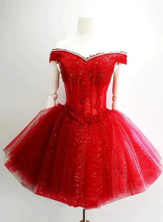 Adorable Red Sweetheart Shiny Tulle Off Shoulder Short Homecoming Dress Red Party Dress (ZD12471)