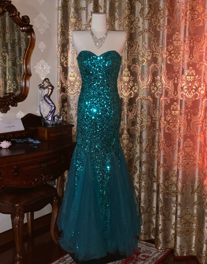 Vintage Strapless Green Tulle Sequin Mermaid Evening Dress Long Wedding Guest Dress Party Gown - FashionDia