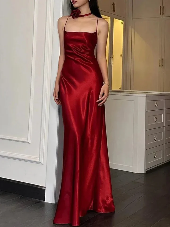 Beautiful Burgundy Straps A-Line Satin Evening Dress Backless Party Prom Dress - FashionDia