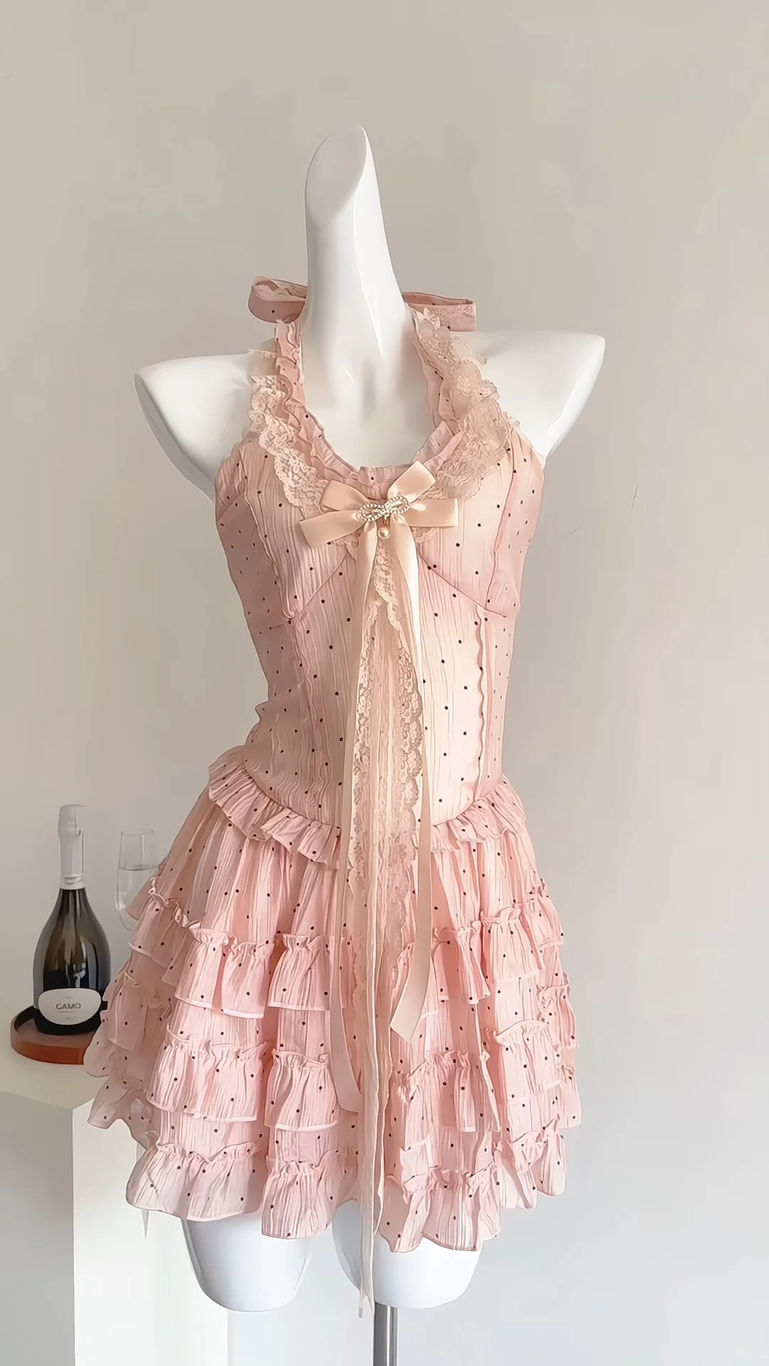 Elegant Pink Halter Ruffles A-Line Holiday Dress Short Vacation Dress - FashionDia