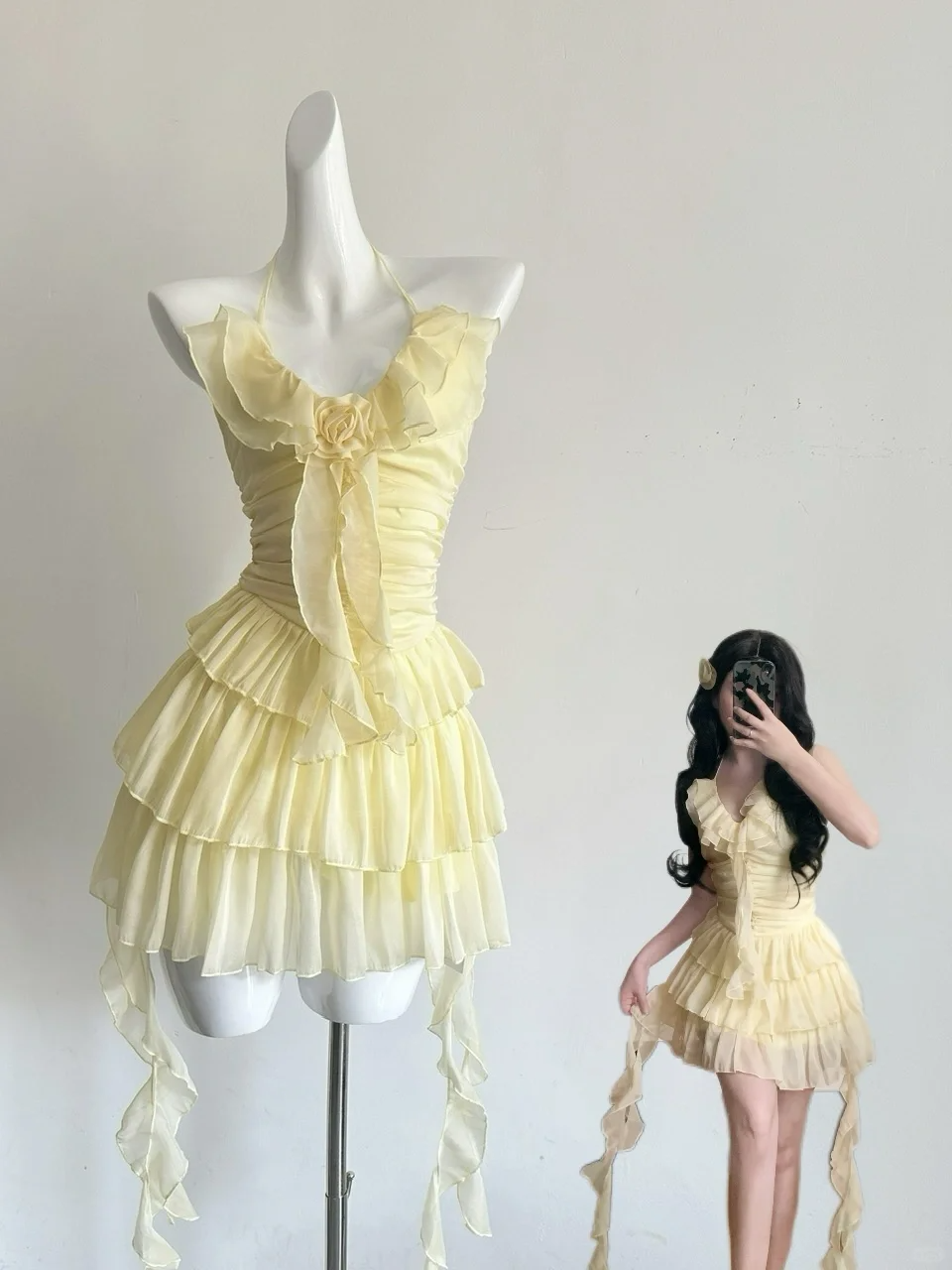 Cute Yellow Halter Chiffon Holiday Dress Mini Party Dress - FashionDia