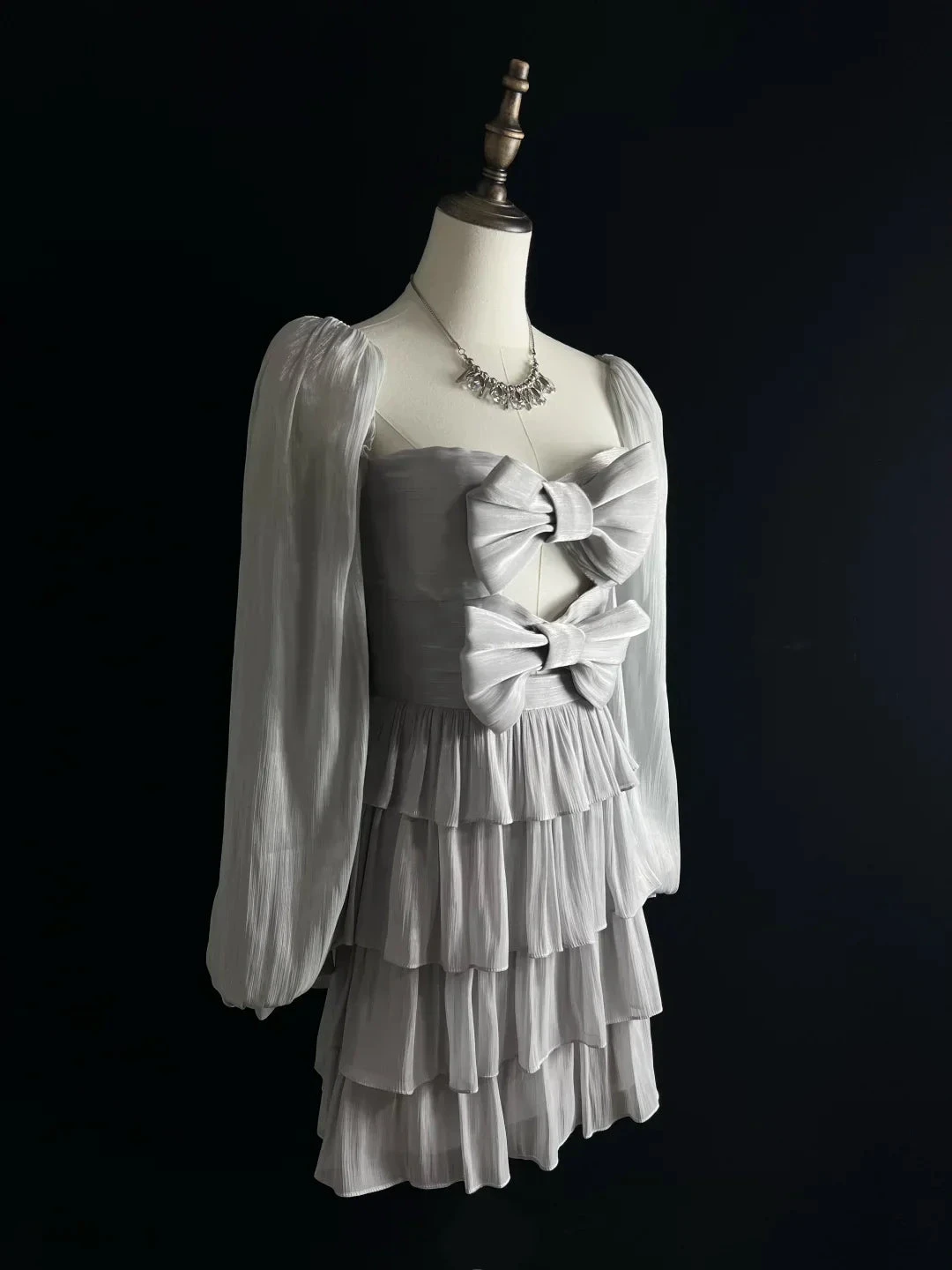 Cute Silver Gray Tulle Bow A Line Layered Short Party Dress Homecoming Dress (ZD12196)