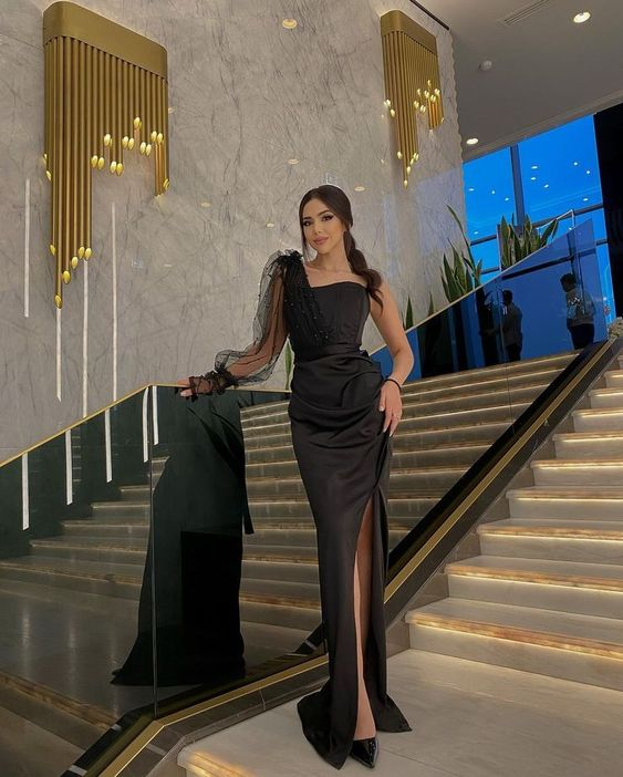 Charming Black Sheath One Sleeve Evening Dress With Split - FashionDia