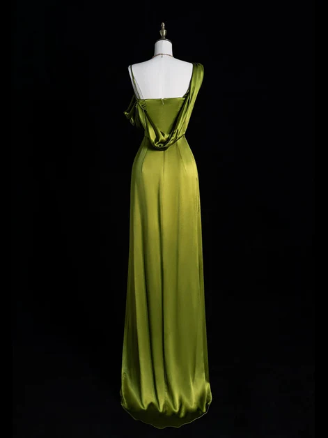 Lovely Green Satin One-Shoulder Prom Dress A-Line Slit Party Dress - View 3 | FashionDia