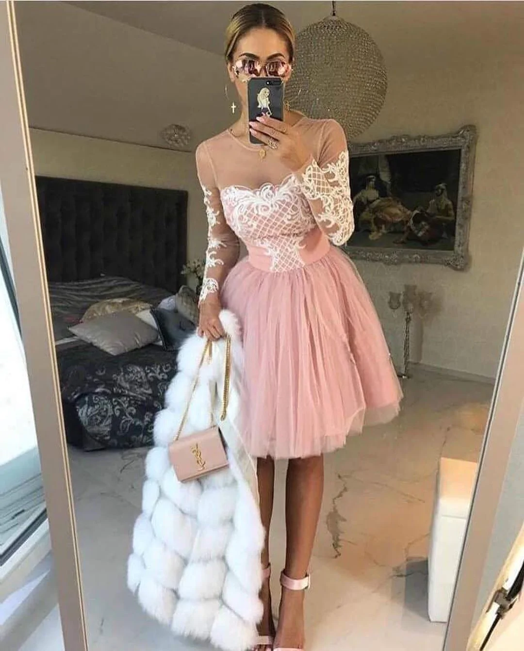 A-Line Scoop Pink Lace Short Prom Dress Long Sleeve Homecoming Dress - View 2 | FashionDia