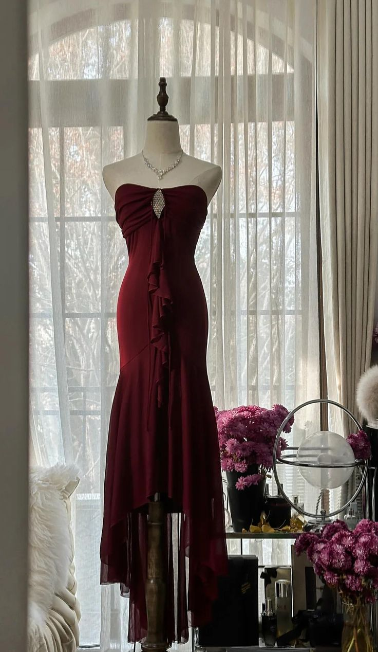 Burgundy Mermaid Chiffon Strapless Prom Dress Graduation Party Dress