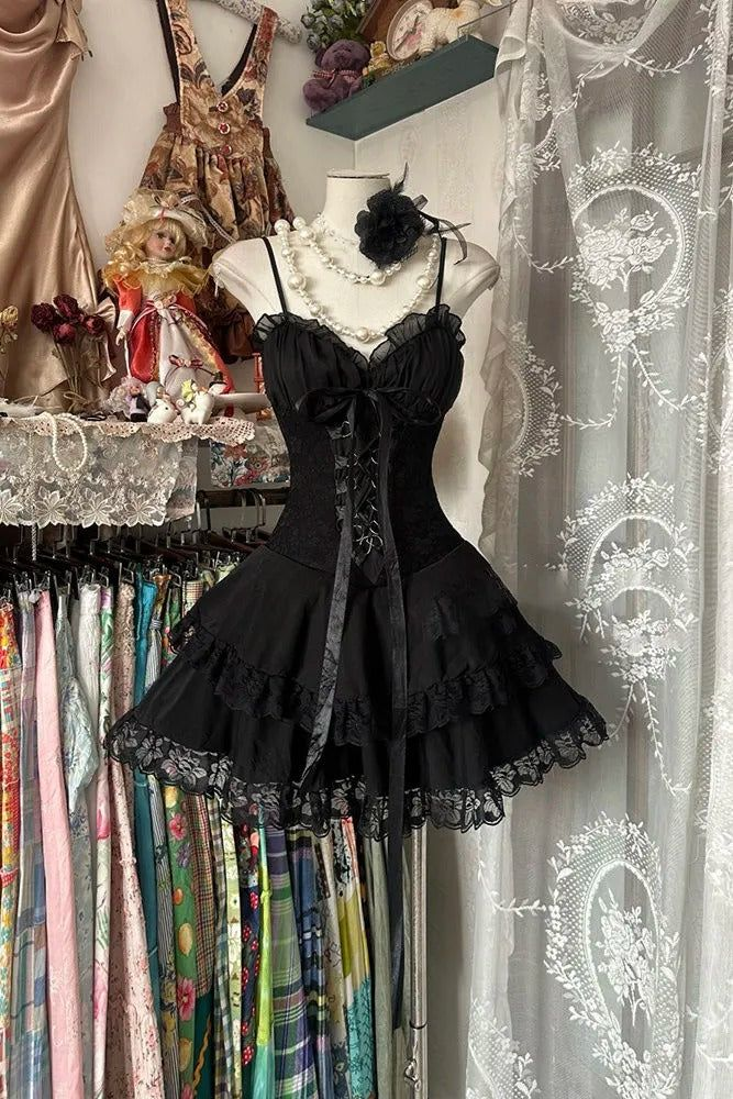 Sweet Spaghetti Straps Black Lace Mini Birthday Party Dress Formal Homecoming Dress - FashionDia