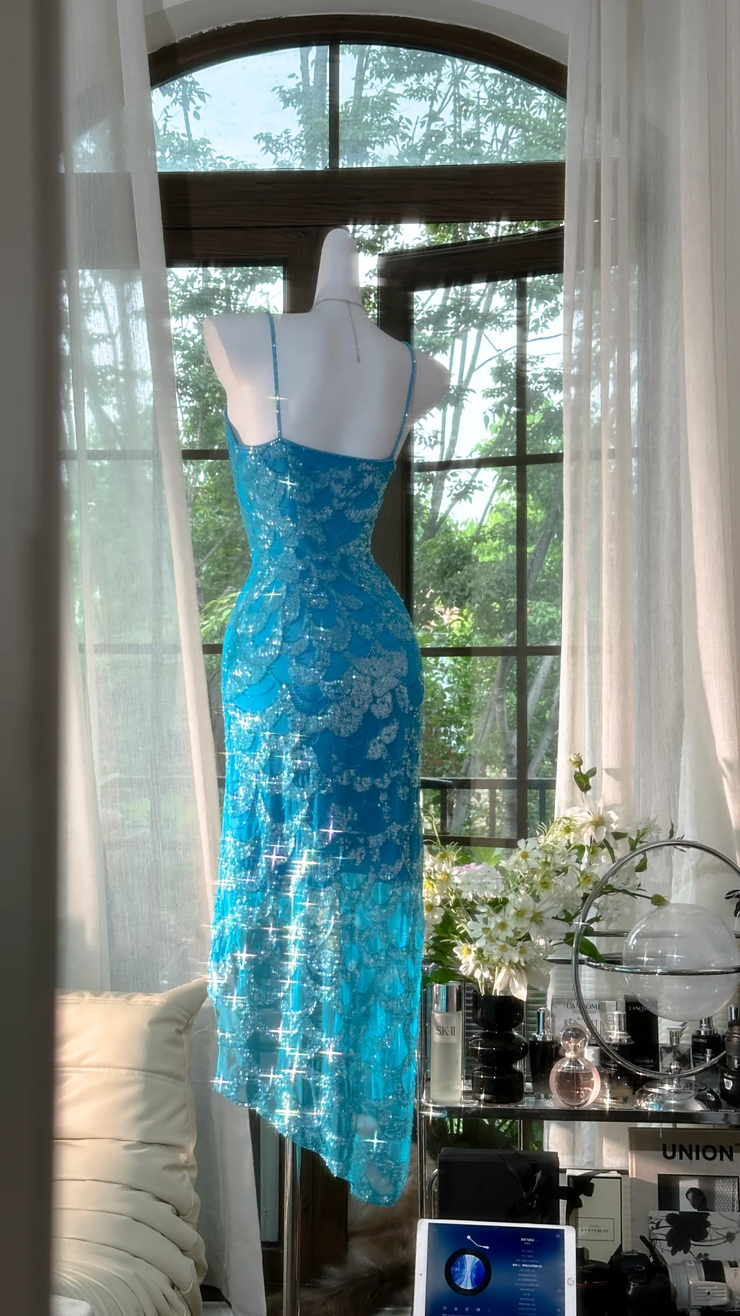Gorgeous Spaghetti Straps Blue Chiffon Sequin Mermaid Party Dress Long Birthday Prom Gown - View 3 | FashionDia
