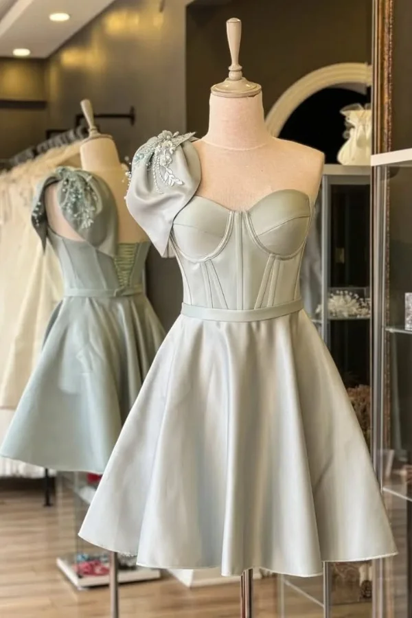 Charming Bow One-Shoulder A-Line Short 7th Grade Homecoming Dress White Formal 21st Birthday Outfits - View 2 | FashionDia