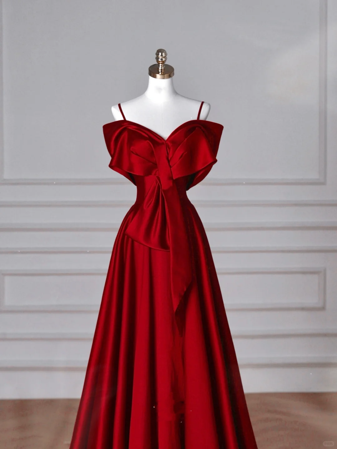 Red Satin Off The Shoulder Prom Dress Bow A Line Evening Dress Y8626 - View 3 | VelvetHem