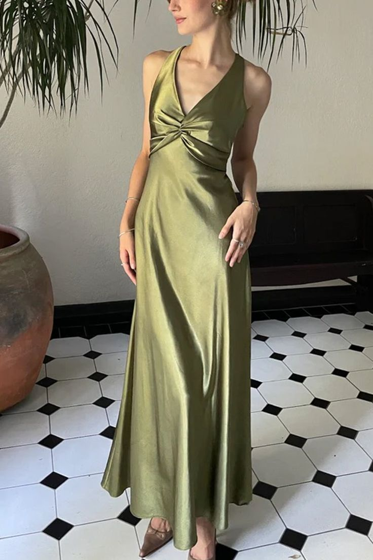 Vintage Olive Green V Neck Satin Long Prom Dress Evening Dress