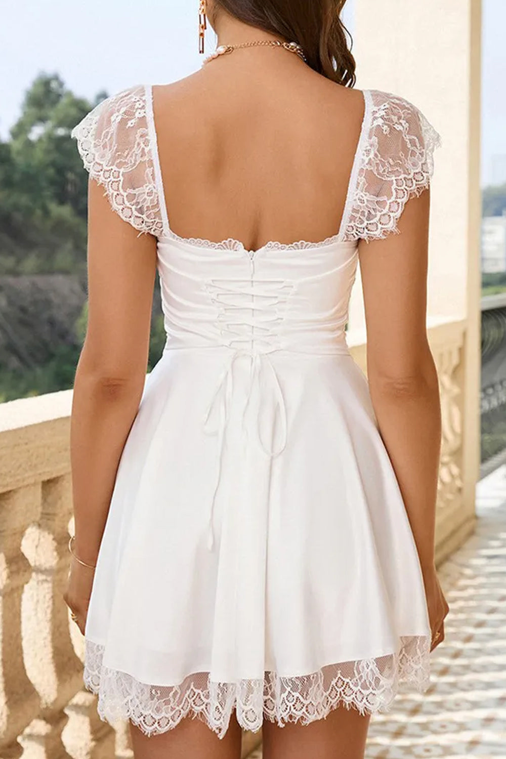 Square Neck Cap Sleeves Soft White Mini Graduation Dress - View 2 | FashionDia