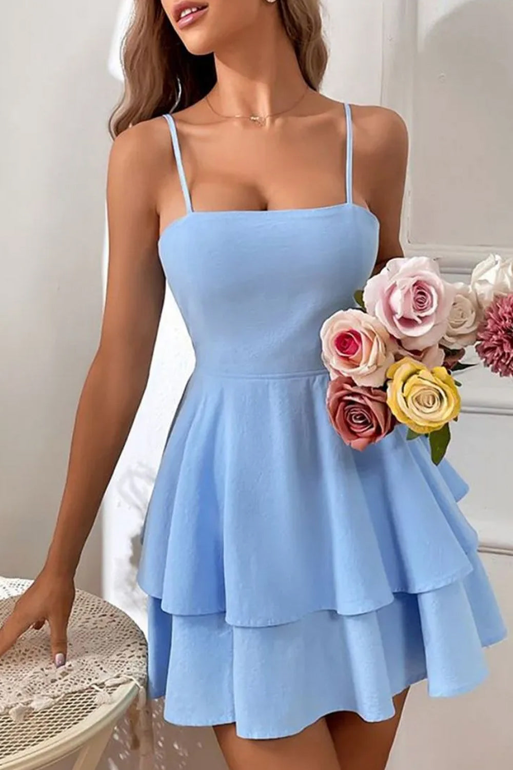 Simple Spaghetti Straps Keyhole Back 2 Layers Graduation Dress - View 5 | FashionDia