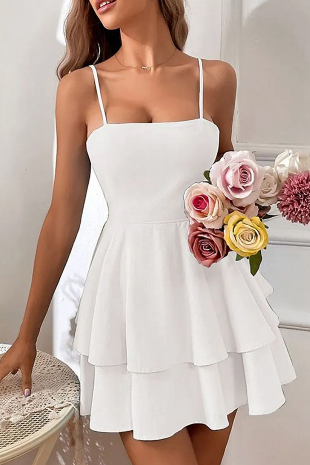 Simple Spaghetti Straps Keyhole Back 2 Layers Graduation Dress - FashionDia