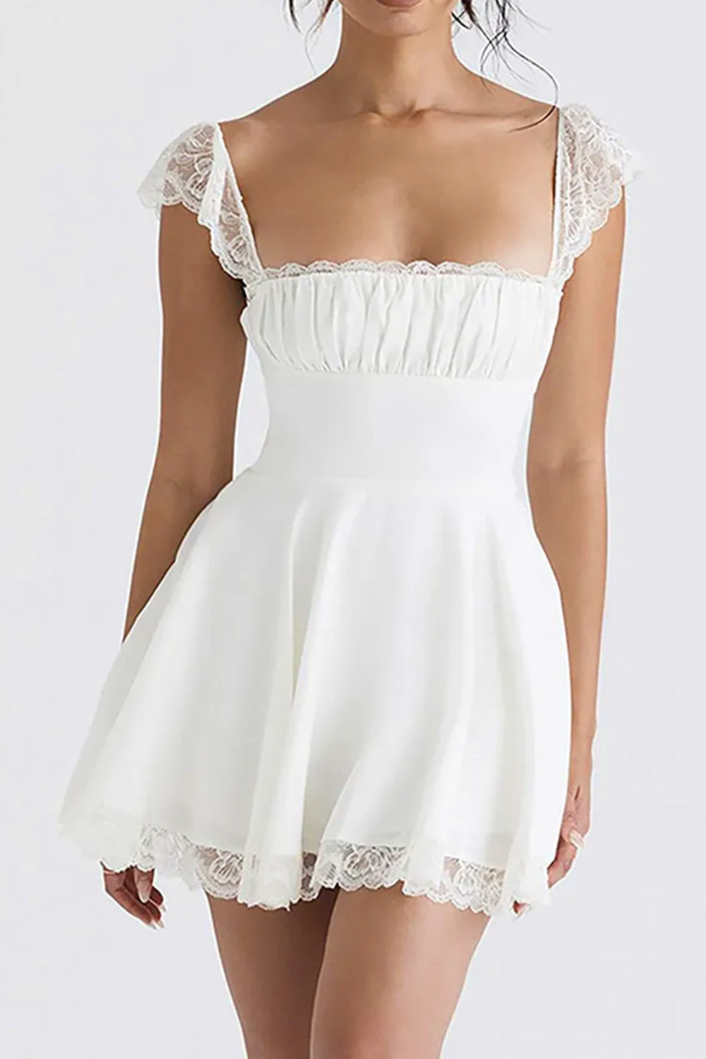 Cute A-Line Square Neck Lace Cap Sleeves Little White Graduation Dress