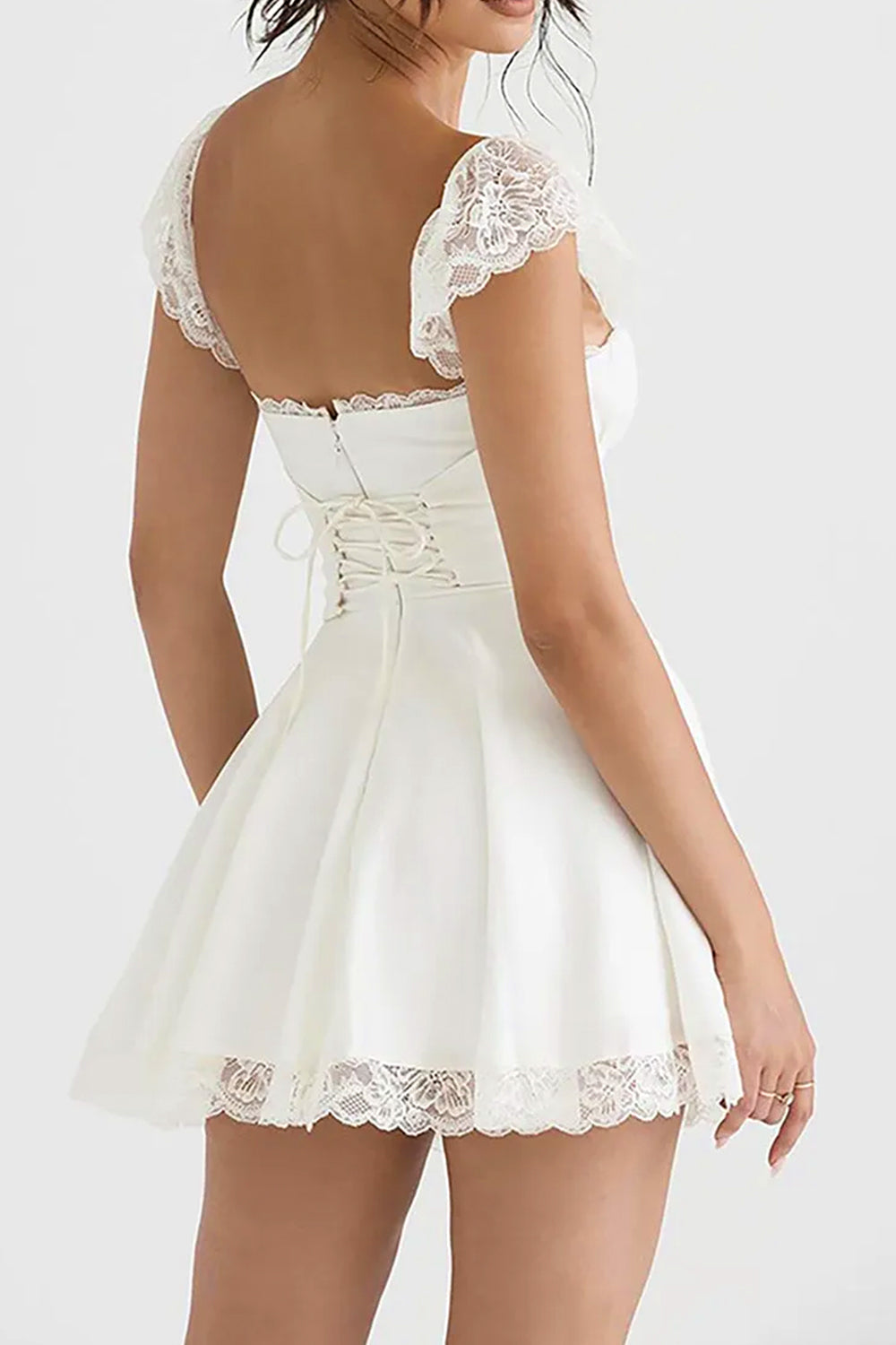 Cute A-Line Square Neck Lace Cap Sleeves Little White Graduation Dress