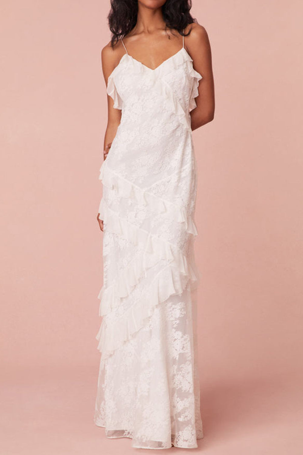 Gorgeous Mermaid Spaghetti Straps White Long Prom Dress with Lace Ruffles