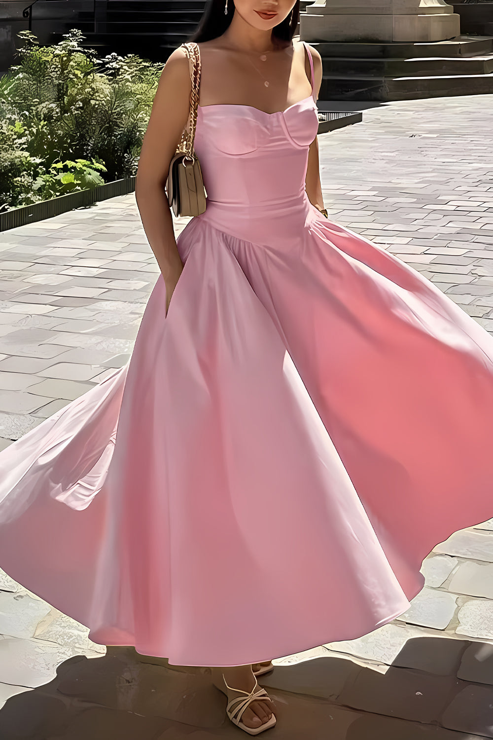 Simple A-Line Spaghetti Straps Tea Length Graduation Party Dress - View 7 | FashionDia