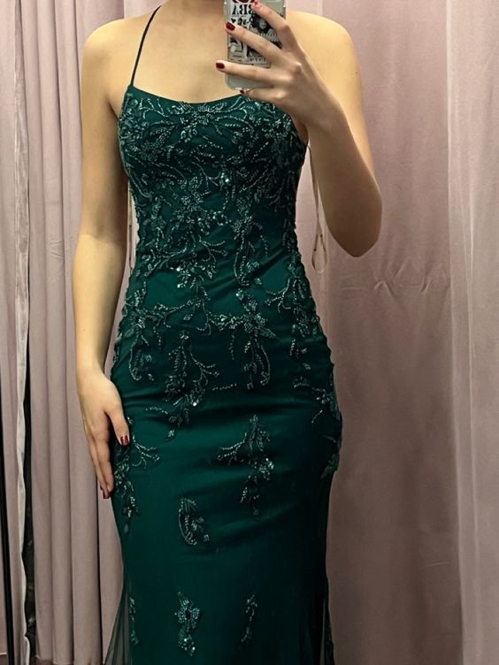 Sexy Backless Mermaid Green Tulle Beaded Long Prom Dress Formal Evening Gown - View 3 | FashionDia